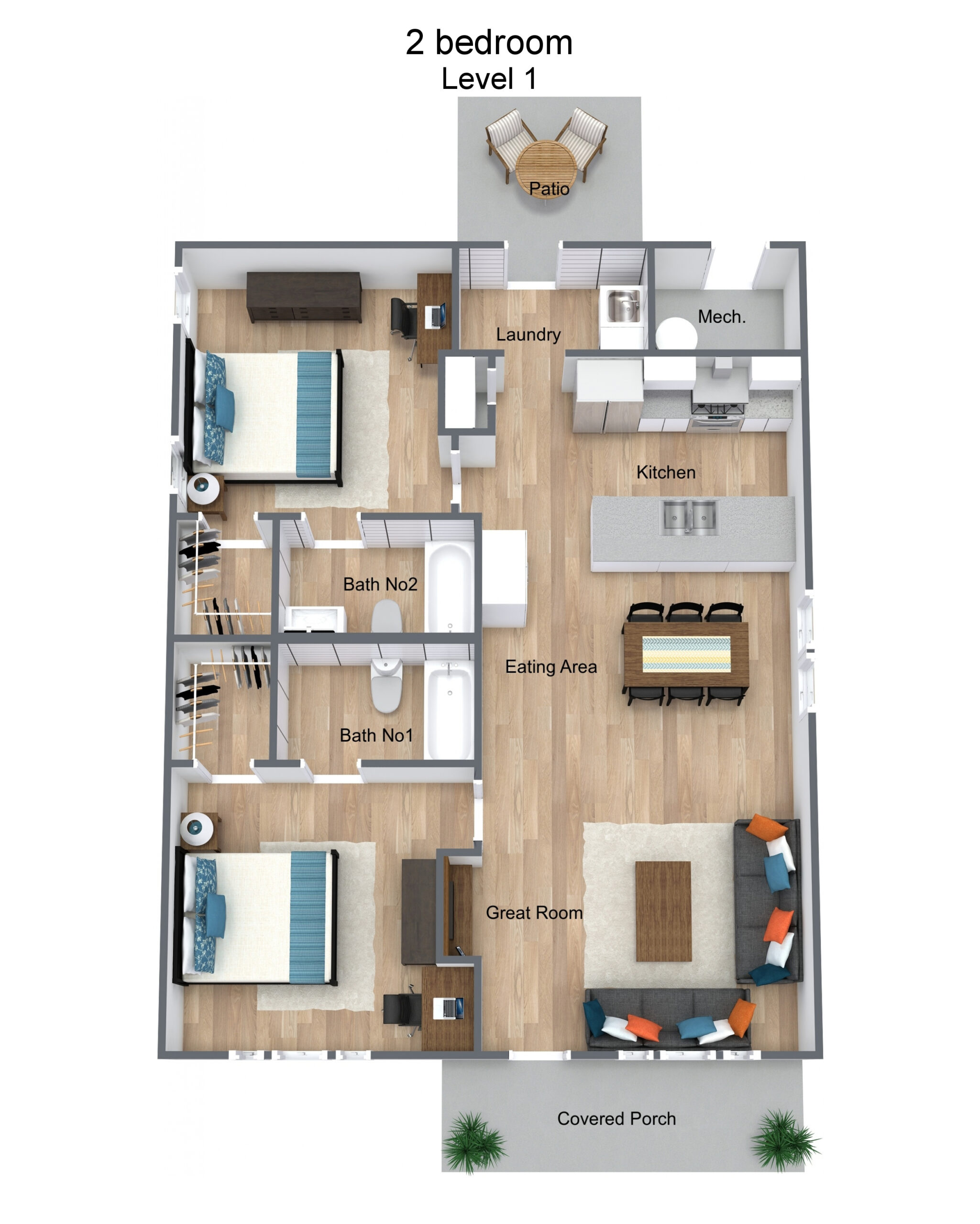 Floorplan letterhead - 2 bedroom - Level 1 - 3D Floor Plan